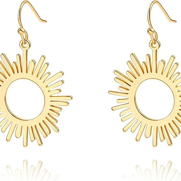 18K Gold Dangle Drop Earrings Small Round Disc Dangle Sun Hoop Earrings for Wome - Picture 1 of 7